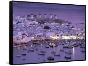 Overview of Mykonos Town harbor, Mykonos, Cyclades Islands, Greece-Walter Bibikow-Framed Stretched Canvas