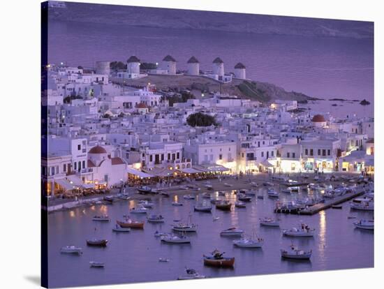 Overview of Mykonos Town harbor, Mykonos, Cyclades Islands, Greece-Walter Bibikow-Stretched Canvas