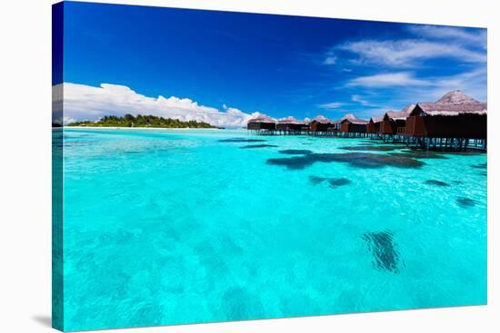 Overwater Bungallows in Blue Lagoon around Tropical Island-Martin Valigursky-Stretched Canvas