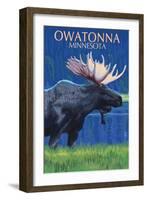 Owatonna, Minnesota - Moose at Night-Lantern Press-Framed Art Print