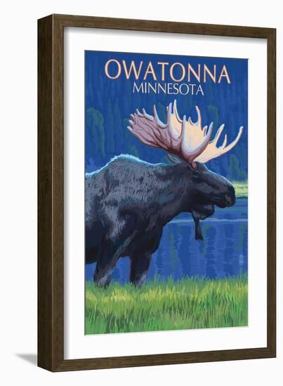 Owatonna, Minnesota - Moose at Night-Lantern Press-Framed Art Print