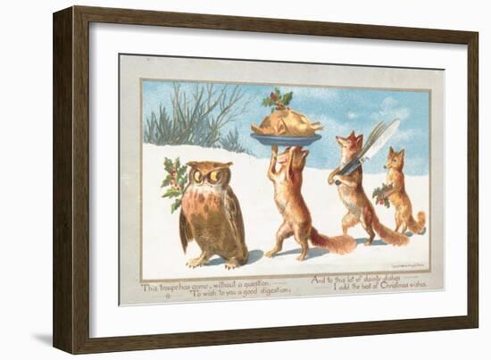 Owl and Foxes Carrying Christmas Feast, Christmas Card-null-Framed Giclee Print