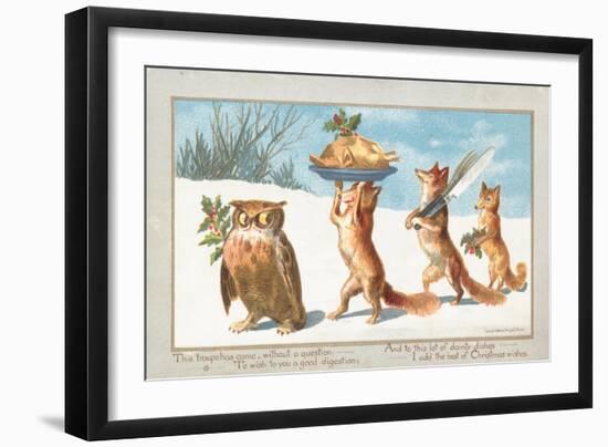 Owl and Foxes Carrying Christmas Feast, Christmas Card-null-Framed Giclee Print