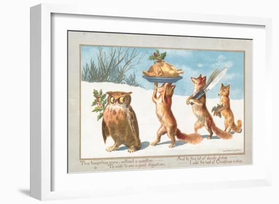 Owl and Foxes Carrying Christmas Feast, Christmas Card-null-Framed Giclee Print