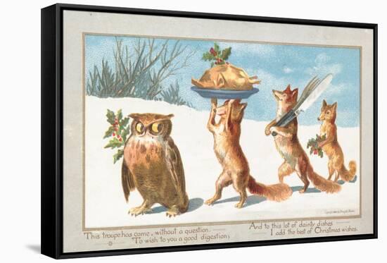 Owl and Foxes Carrying Christmas Feast, Christmas Card-null-Framed Stretched Canvas