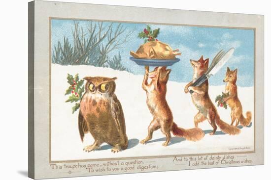 Owl and Foxes Carrying Christmas Feast, Christmas Card-null-Stretched Canvas