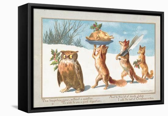 Owl and Foxes Carrying Christmas Feast, Christmas Card-null-Framed Stretched Canvas