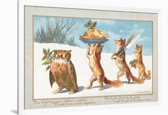 Owl and Foxes Carrying Christmas Feast, Christmas Card-null-Framed Giclee Print