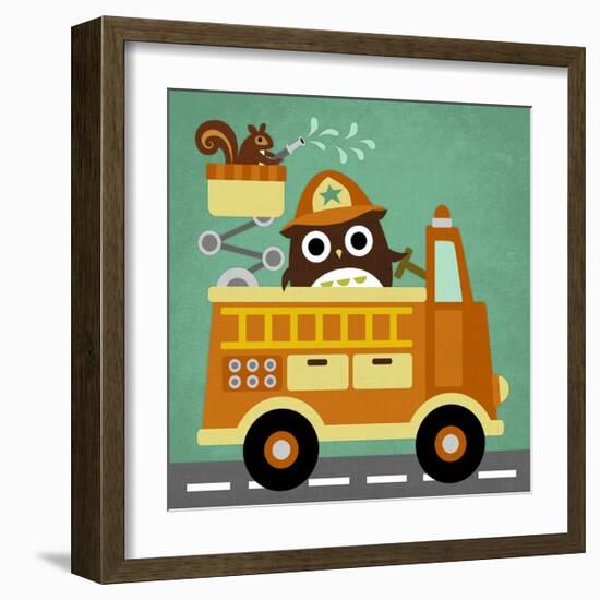 Owl in Firetruck and Squirrel-Nancy Lee-Framed Art Print