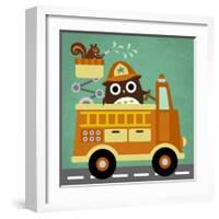 Owl in Firetruck and Squirrel-Nancy Lee-Framed Art Print