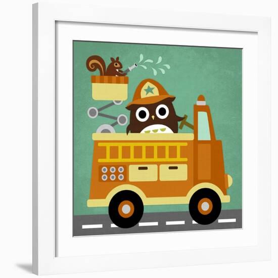 Owl in Firetruck and Squirrel-Nancy Lee-Framed Art Print