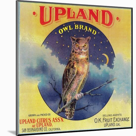 Owl Orange Label - Upland, CA-Lantern Press-Mounted Art Print