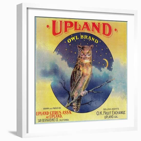 Owl Orange Label - Upland, CA-Lantern Press-Framed Premium Giclee Print