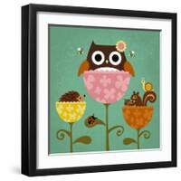 Owl, Squirrel and Hedgehog in Flowers-Nancy Lee-Framed Art Print