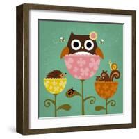 Owl, Squirrel and Hedgehog in Flowers-Nancy Lee-Framed Art Print