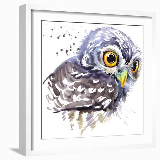 Owl T-Shirt Graphics, Snowy Owl Illustration with Splash Watercolor Textured Background. Illustrati-Faenkova Elena-Framed Art Print