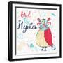 Owl the Hipster. Cute Cartoon Card with Bird and Popular Signs: Bicycle, Mustache, Heart, Anchor In-smilewithjul-Framed Art Print