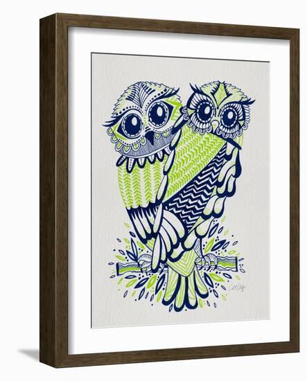 Owls in Navy and Lime-Cat Coquillette-Framed Art Print