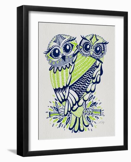 Owls in Navy and Lime-Cat Coquillette-Framed Art Print