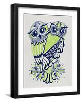 Owls in Navy and Lime-Cat Coquillette-Framed Art Print