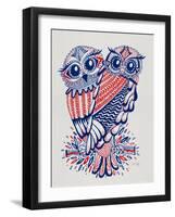 Owls in Navy and Red-Cat Coquillette-Framed Art Print