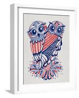 Owls in Navy and Red-Cat Coquillette-Framed Art Print