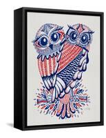 Owls in Navy and Red-Cat Coquillette-Framed Stretched Canvas