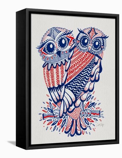 Owls in Navy and Red-Cat Coquillette-Framed Stretched Canvas