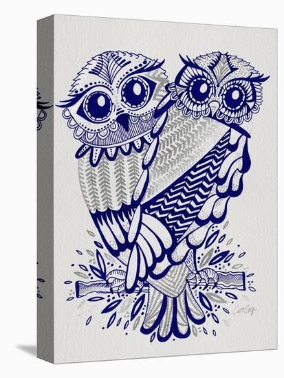 Owls in Navy and Silver-Cat Coquillette-Stretched Canvas