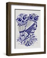 Owls in Navy and Silver-Cat Coquillette-Framed Art Print