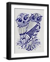 Owls in Navy and Silver-Cat Coquillette-Framed Art Print