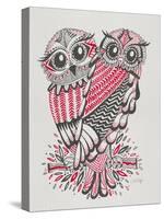 Owls in Red and Grey-Cat Coquillette-Stretched Canvas