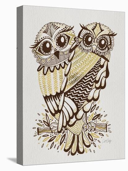 Owls in Sepia and Gold-Cat Coquillette-Stretched Canvas