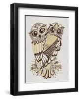 Owls in Sepia and Gold-Cat Coquillette-Framed Art Print
