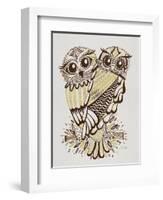 Owls in Sepia and Gold-Cat Coquillette-Framed Art Print