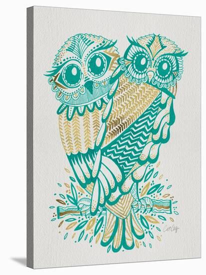 Owls in Turquoise and Gold-Cat Coquillette-Stretched Canvas