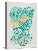Owls in Turquoise and Gold-Cat Coquillette-Stretched Canvas