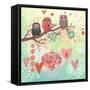 Owls on the Branch in Leafs and Hearts. Stylish Concept Background in Bright Colors-smilewithjul-Framed Stretched Canvas