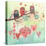 Owls on the Branch in Leafs and Hearts. Stylish Concept Background in Bright Colors-smilewithjul-Stretched Canvas