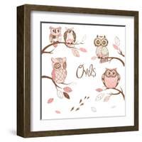 Owls, Trendy Card with Owls Sitting on the Brunches-Alisa Foytik-Framed Art Print