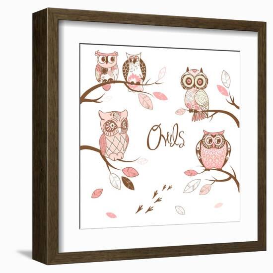 Owls, Trendy Card with Owls Sitting on the Brunches-Alisa Foytik-Framed Art Print