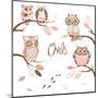 Owls, Trendy Card with Owls Sitting on the Brunches-Alisa Foytik-Mounted Art Print