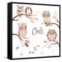 Owls, Trendy Card with Owls Sitting on the Brunches-Alisa Foytik-Framed Stretched Canvas