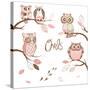 Owls, Trendy Card with Owls Sitting on the Brunches-Alisa Foytik-Stretched Canvas