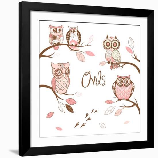 Owls, Trendy Card with Owls Sitting on the Brunches-Alisa Foytik-Framed Art Print