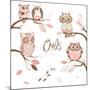 Owls, Trendy Card with Owls Sitting on the Brunches-Alisa Foytik-Mounted Art Print