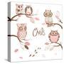 Owls, Trendy Card with Owls Sitting on the Brunches-Alisa Foytik-Stretched Canvas