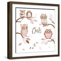 Owls, Trendy Card with Owls Sitting on the Brunches-Alisa Foytik-Framed Art Print