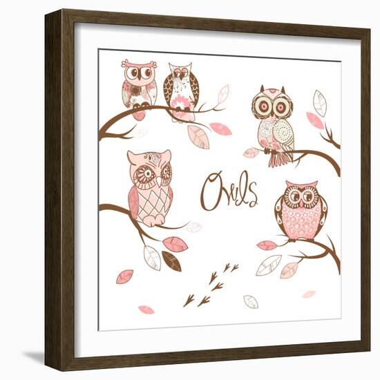 Owls, Trendy Card with Owls Sitting on the Brunches-Alisa Foytik-Framed Art Print