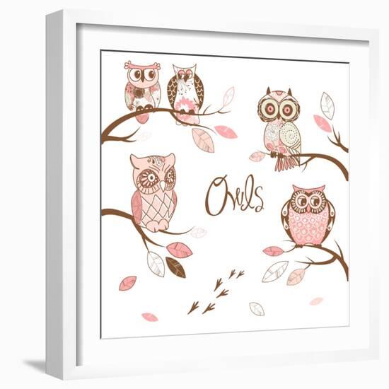 Owls, Trendy Card with Owls Sitting on the Brunches-Alisa Foytik-Framed Art Print